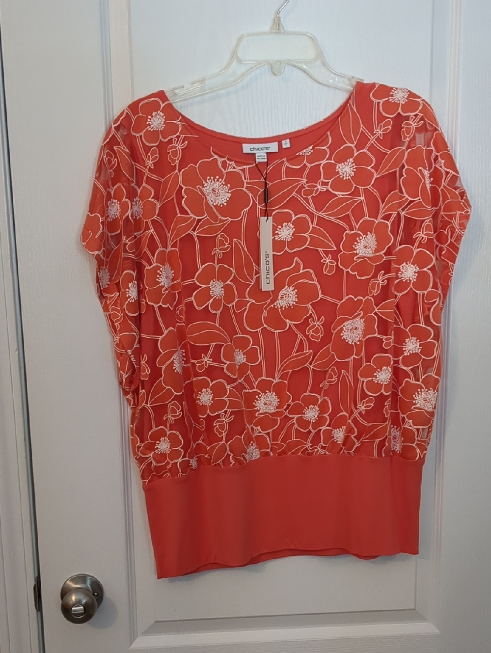 Chico's Coral Floral Short Sleeve Pullover Top